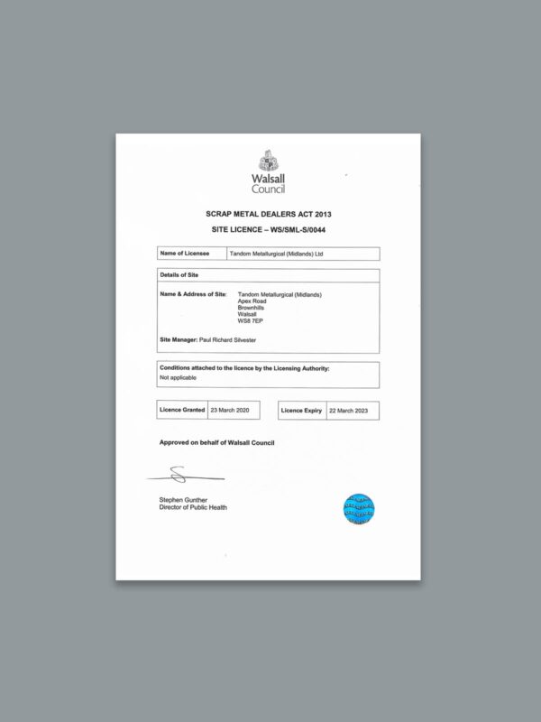 Tandom Metallurgical (Midlands) SMD Certificate