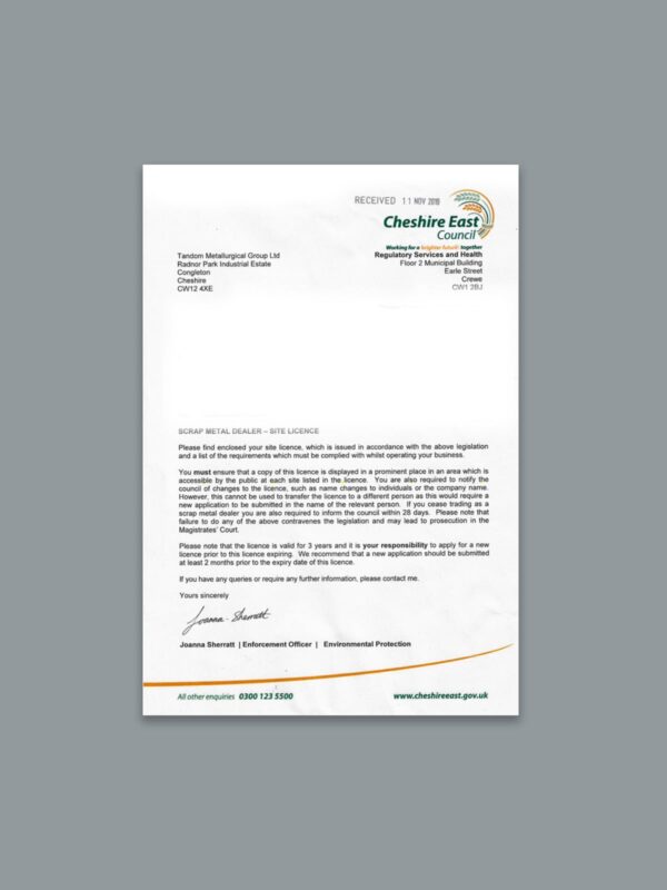 Scrap Metal Dealers Licence – Tandom Group